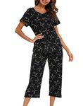 ENJOYNIGHT Womens Pajama Set Cotton Capri Pant Pyjama Short Sleeve Sleepwear Summer Pjs(Large,Black-Cat)