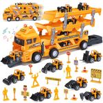 CUTE STONE Construction Truck Toys, Three-tiered Folding Transport Vehicle, Ejection Play, Carrier Playset W/Sound& Lights, 6 Mini Alloy Engineering Trucks, Education Car Gift Toys for Kids Boys Girls