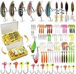 98Pcs Fishing Lures Kit for Bass Baits Tackle Including Unique Minnow Spoon Lures, Spinnerbaits, Plastic Worms, Lead Hooks, Topwater Lures and More Fishing Gear Lures Set，Double Side Transparency Box