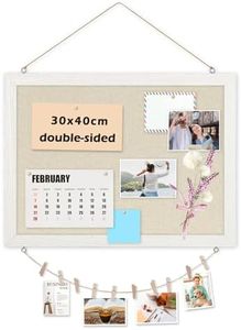 QUEENLINK Double-Sided Cork Board, Linen Covered Bulletin Board, 16" x 12" Hanging Wood Framed Display Picture Board for School Office Home Decor with 10 Push Pins, 10 Clips, Install Fittings