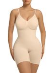 SHAPERX Body Shaper for Women Mid Thigh Shapewear Seamless Compression Bodysuit with Removable Pads, UK-SZ5468-Beige-S/M