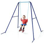 HONEY JOY Metal Swing Frame Set, Heavy Duty A-Frame Toddler Swing Stand with Belt Swing, 4 Ground Stakes, Outdoor Full Steel Swing Sets for Backyard (Blue)