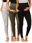 The Mom Store Maternity Leggings Combo of 3 | Comfort Stretch Pregnancy Leggings for Women | Over The Belly Design | Grey, Olive & Black | S