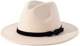 Lisianthus Men & Women Vintage Wide Brim Fedora Hat with Belt Buckle (Black Belt-Creamy, Large)