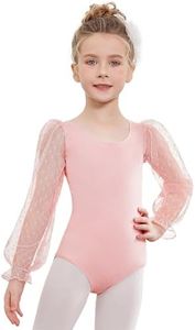 Zaclotre Dance Leotard for Little Girls Puff Long Sleeve Round Neck Pink Leotards for Girls Ballet