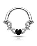 CM Crareesi Mania Rose Septum Piercing 16G Hinged Segment Rings 316L Stainless Steel Daith Earrings Heart CZ Septum Daith Helix Cartilage Piercing Jewellery (Black-10mm)