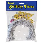 Beistle 66884 4 Piece Happy Birthday Tiaras with Fringe – Celebration Headband Crown, Paper, White/Pink/Silver/Gold