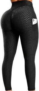 FITTOO Women's High Waist Leggings Tummy Control Scrunched Booty Tight Workout Running Butt Lift Textured Pants Side Pocket Black Large