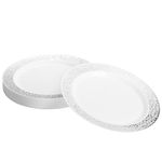 MATANA - 20 Premium Small Plastic Dessert Plates, Multi-Use with Silver Lace Rim - 18cm / 7" - Perfect Party Plates for Starters, Side Dishes at Weddings, Birthdays, Events