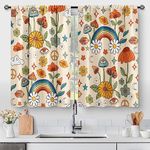 Aimego Boho Mushroom Kitchen Curtains - Retro Rustic 70s Hippie Fantasy Bohemian Floral Modern Colorful Short Small Cafe Tier Curtains Decor Rod Pocket Window Drapes 36 Inch Length 2 Panels 28"x36"