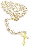 Rosary Beads Catholic for Women Girls, First Holy Communion Rosary Gifts for Girls Catholic, Gold White Rosary Necklace for Women Imitation Pearl Beads Necklace Rosarios Catolicos, Alloy, Gold Plated