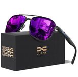 LUENX Aviator Sunglasses for Men Square Polarized Polygon Mirrored Purple Lens Matte Black Frame - UV 400 Protection with Accessories