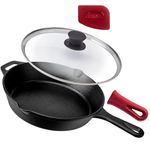 Cast Iron Skillet with Lid - 10"-Inch Frying Pan + Glass Cover + Heat-Resistant Handle Holder - Pre-Seasoned Oven Safe Cookware - Indoor/Outdoor Use - Grill, Stovetop, Camping Firepit, Induction Safe