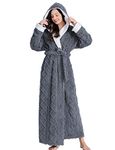 LOCIIXAT Women Sherpa Lined Fluffy Fleece Dressing Gown Long Cosy Hooded Bathrobe Wrap Lounging Housecoat, Grey 14-18 UK