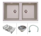 Zinzer Double Bowl, Quartz Kitchen Sink, Ivory Color 33 x 18 x 8, German Engineered, Smooth Granular Finish | Box includes Kitchen Sink, Sink Coupling, Hose Pipe, Drainer Basket