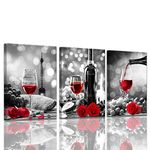 Wine Decor Kitchen Canvas Art Red Wine Rose Artwork for Home Walls Black and White with Red Wine Painting Printed Rose Art Dining Room Decor Red Kitchen Pictures Wall Decor Stretched 12x16inchx3