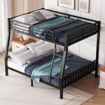 Miscoos Full XL Over Queen Bunk Beds for Adults, Heavy-Duty Metal Bunk Bed Frame with PVC Rubber Cover Ladders and Safety Full-Length Guardrails for Kids Teens Adults, Space-Saving, Black