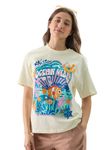 The Souled Store Official Disney: Ocean Vibes Women and Girls Round Neck Short Sleeve Off White Graphic Printed Cotton Relaxed Fit