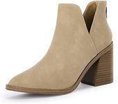 FISACE Womens Pointed Toe Stacked Mid Heel Ankle Boots V Cut Back Zipper Faux Leather Booties