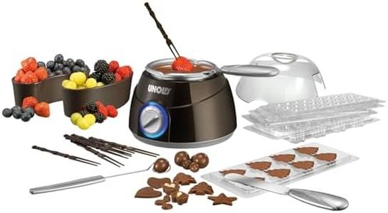 Unold 48667 Chocolatier, Schokobrunnen, Schokofondue Inkl. 6 Gießformen, 25 W, 2 Heizstufen, zum Schmelzen von Kuvertüre, Pralinenherstellung, Warmhalten (braun/silber)