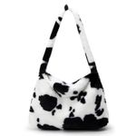 KALIDI Fluffy Tote Bag with Zip, Plush Shoulder Bag, Fuzzy Cute Clutch Purse for Women Girls Ladies Small Comfy Handbag, Cow Pattern