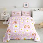 Girls Pink Kawaii Bedding Set Full,Daisy Rainbow Comforter Set For Kids Pastoral Rustic Blossom Flowers Rainbow Quilt Duvet Insert,Cute Cartoon Bed Comforter Set Girly Sweet Room Decor 2 Pillow Cases