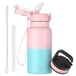 OLDLEY 500ml/17oz Kids Stainless Steel Insulated Water Bottle with Straw Double Wall Metal Vacuum Leakproof Reusable Small Flask with 2 Different Lids Hot Cold Drinks for Boys Girls Toddler Children