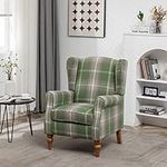 AZRBOPO Wingback Tartan Armchair, Retro Accent Chair Soft Padded Fabric Lounge Padded Sofa Chair, Retro Check Leisure Chair for Living Room Bedroom - Solid Wood Frame - Green