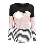 AMhomely UK Stock Clearance Maternity Round Neck Stripe Patchwork Long Sleeve Breast Feeding Pregnant Woman Nursing Blouse Tops T-Shirt, Pink 2, S