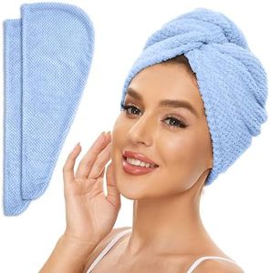 SimpleField 2 Pack Microfiber Hair Towel Wrap for Women, Anti Frizz Quick Drying Hair Turban for All Hair Style, Absorbent and Lightweight (Blue)