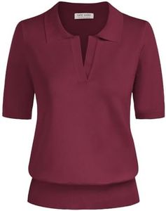 Kate Kasin Women Short Sleeve Polo Sweater Tops Lightweight Summer V Neck Soft Knit Pullover Shirt Burgundy S