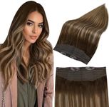 Fshine Wire Hair Extensions Real Human Hair Brown Balayage Remy Human Hair Chocolate Brown Mix Caramel Blonde Fish Line Wire Hair Extensions One Piece Clip in Hair Extensions 100G 16 Inch