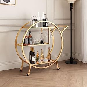 Maxkon Round Bar Cart Glass Home Bar Serving Cart Drinks Wine Kitchen Serving Trolley with 3 Mirror Shelves & Glass Holder Gold