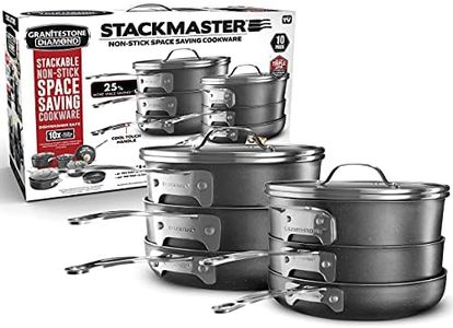 Granitestone 2660 10 Piece Stackable Cookware Set, Induction-Comptapible, Scratch-Resistant Granite-Coated Anodized Aluminum, Dishwasher and Oven-Safe, PFOA-Free As Seen On TV Black