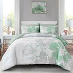 Green Floral Comforter Set King Size 7 Pieces Reversible Bed in a Bag with Sheets Set for All Season, Soft Microfiber Mint Green Floral Complete Duvet Bedding Set King (104"x90")