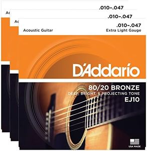 3 Packs of D'Addario EJ10 Bronze Acoustic Guitar Strings, Extra Light, 10-47