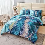 PERFEMET 6 Pcs Teal Marble Comforter Set Queen Watercolor Marble Printed Quilt Set Luxury Retro Artwork Style Teal and Gold Bed in A Bag Complete Set(Teal, Queen)