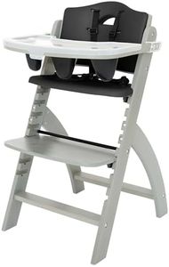 Abiie Beyond Junior Wooden High Chair for Babies and Toddlers - Convertible 3-in-1 Baby Highchair with Removable Tray - 6 Months to 250 Lb - Water Resistant - Misty Grey Wood/Black Pearl Cushion