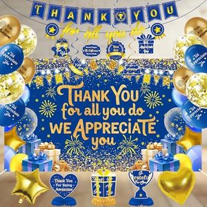 We Appreciate You Banner Decorations - Blue Gold Thank You for All You Do Backdrop, 25Pcs Appreciation Party Supplies with Honeycomb Centerpieces, Balloons for Employee Staff Teacher Doctor Nurse