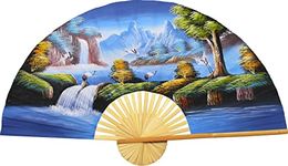 Large 60" Folding Wall Fan - Blue Cranes - Original Hand-Painted Wall Art