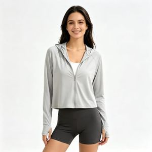 TrekWave Women's UPF 50+ Sun Protection Crop Top Hoodie - Quick Dry Swim Cover Up with Thumb Holes & Ponytail Port