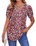 Zeagoo Womens Blouses Dressy Casual Puff Short Sleeve V Neck T Shirts Black Red Flower Print Tunic Tops