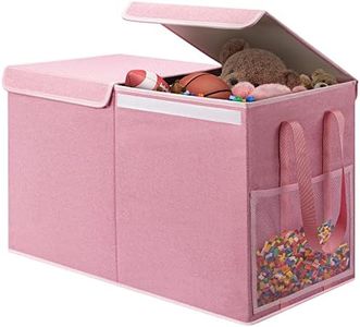 LOVSTORAGE Large Toy Box for Boys Girls Toy Chest Kids Toy Storage Organizer Collapsible Toy Storage Bin Basket with Two Mesh Pockets for Nursery Playroom Bedroom Living Room Organization