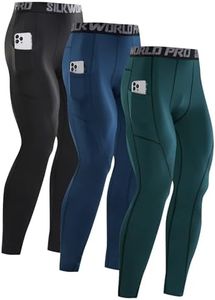 SILKWORLD Thermal Compression Pants for Men Heated Warm Fleece Lined Long Johns Leggings with Poackets,C4_Fleece Lined_3pack_Black,Navy Blue,Cyan,Large