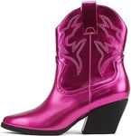 Soda “BLAZING” ~ Women Western Stitched Pointe Toe Low Heel High Top Ankle Shaft Boot Bootie (MAGENTA METALLIC PU, us_footwear_size_system, adult, women, numeric, medium, numeric_7_point_5)