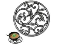 Cast Iron Trivet - Round with Vintage Pattern - Silver with Black