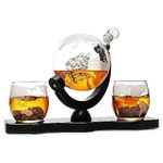 Inovique Premium Globe Decanter (850ML) with 2 Matching Globe Glasses (300ML), Antique Ship, Mahogany Wood Holder Tray for Whiskey, Wine, Bourbon, Scotch and More