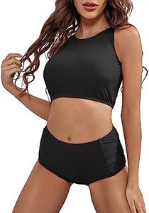 Jolefille Womens High Waisted Bikini Set Two Piece Swimsuit High Neck Bathing Suit Full Coverage Tummy Control Tankini Solid Black