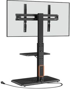 Perlegear Floor TV Stand with Power Outlet, Universal TV Stand for 32-75 inch TVs up to 110 lbs, Height Adjustable TV Stand with Swivel, Floor TV Mount Stand with Wood Base, Max VESA 600x400mm, PGFS06