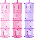 LIVEHITOP 4 Tier Teddy Storage Hanging Mesh, 3 PCS Foldable Save Space Hanging Toy Basket for Kids Room, Bathroom, Balcony (Pink, Rose, Purple)